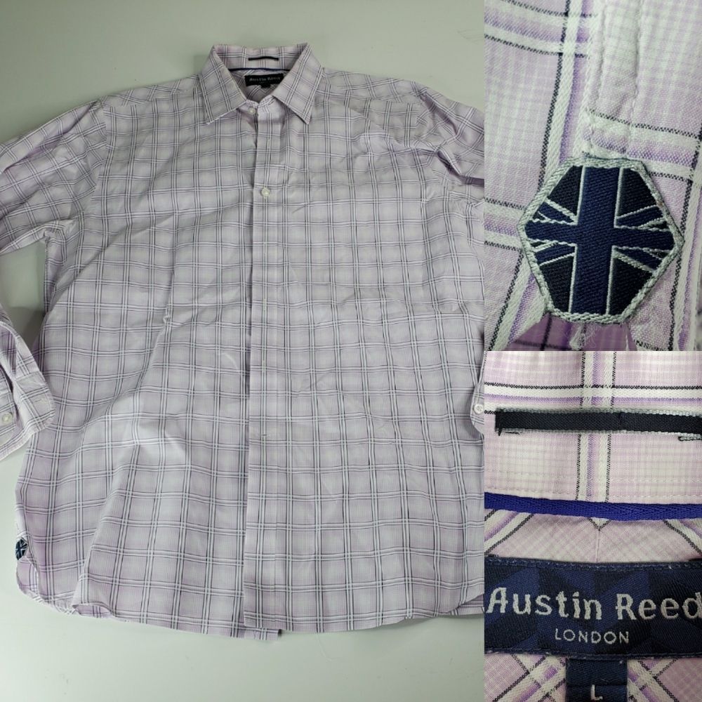 L Austin Reed LONDON BUTTON FRONT purple white PLAID MEN'S SHIRT Large
